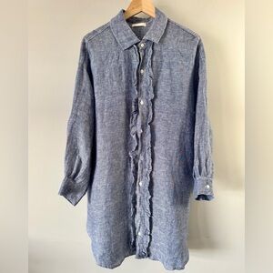 CP Shades Dani Chambray Blue Linen Ruffle Front Tunic Shirt Size Large